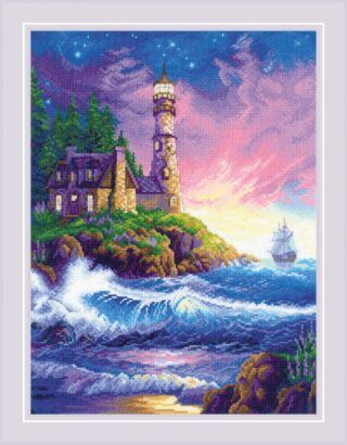 A vibrant cross-stitch design of a lighthouse on a rocky shore at sunset with waves crashing, a starry sky, and a sailing ship in the distance.