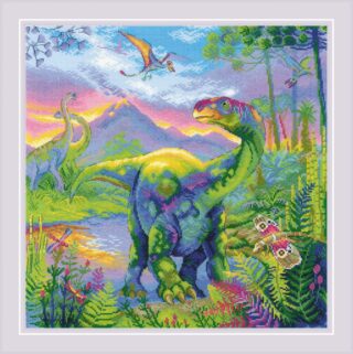 A colorful cross-stitch design of dinosaurs in a prehistoric landscape with lush greenery, flying pterosaurs, and a bright sunset sky.