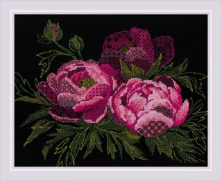 A stunning cross-stitch design of pink lace-patterned peonies with green leaves on a bold black background.