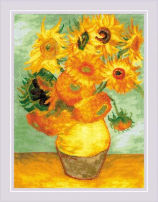 A vibrant cross stitch design of Vincent van Gogh’s famous sunflower painting featuring yellow-orange sunflowers in a vase.