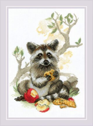 A cute cross stitch design of a fluffy raccoon holding a cookie, surrounded by apples and biscuits under a light tree background.