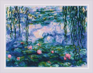 A serene cross stitch design inspired by Monet’s Water Lilies painting, featuring pink lilies floating on a pond surrounded by weeping willow branches.