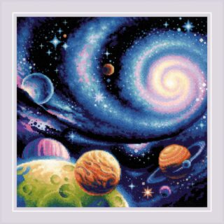 A colorful cosmic cross stitch scene of swirling galaxies, glowing stars, and vibrant planets floating in deep space.