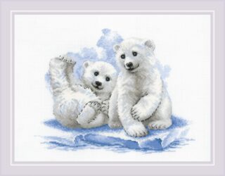 A cute cross stitch design of two polar bear cubs sitting and playing on an icy surface with soft blue shading.