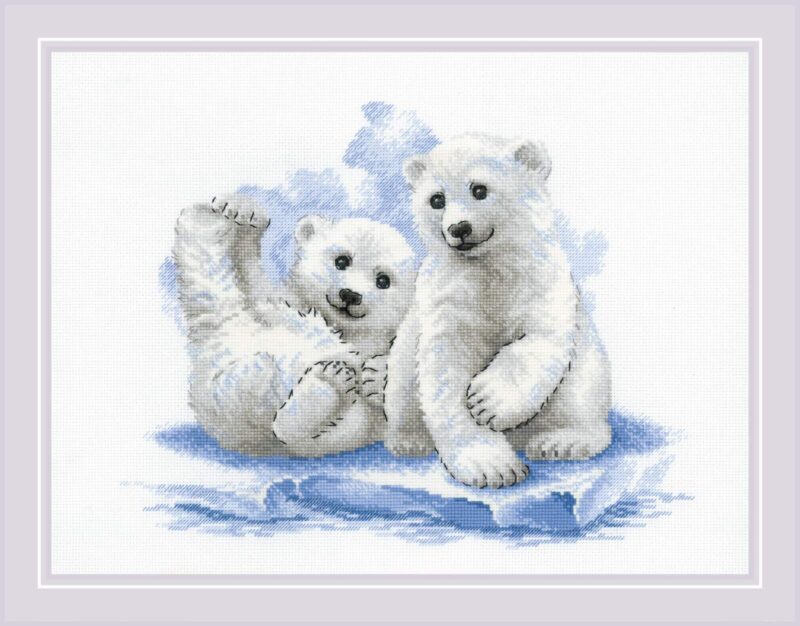 A cute cross stitch design of two polar bear cubs sitting and playing on an icy surface with soft blue shading.