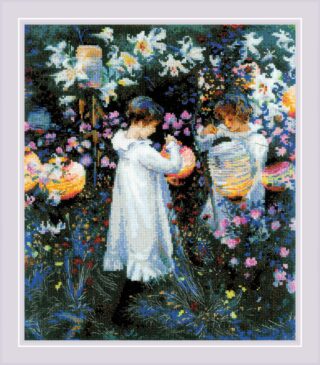 Cross-stitch design inspired by J. S. Sargent’s painting, showing two children in white dresses lighting paper lanterns in a flower-filled evening garden.