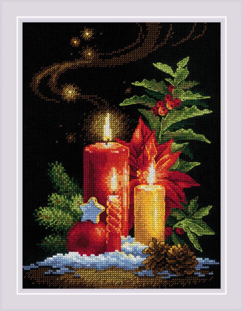 A festive cross-stitch design featuring glowing candles, poinsettia flowers, pine branches, and holiday ornaments on a dark background.