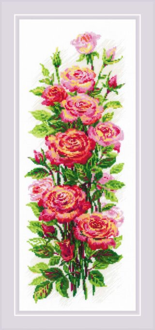 A vertical floral cross-stitch design with blooming pink and peach roses surrounded by lush green leaves on a white background.