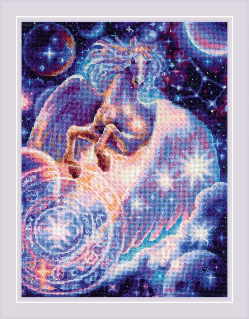 A vibrant cross-stitch design of a glowing Pegasus flying through a cosmic night sky filled with stars, planets, and mystical light patterns.