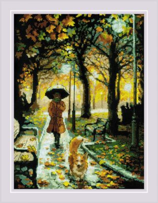 A cross-stitch design of a person with an umbrella walking through an autumn park at night, with a dog leading the way.