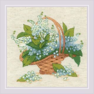 A cross-stitch design of a woven basket filled with lily of the valley flowers and lush green leaves on a neutral background.