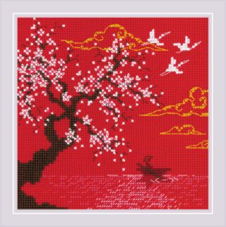 A serene cross stitch design of cherry blossoms overhanging a calm lake with a boat, golden clouds, and flying cranes on a red background.