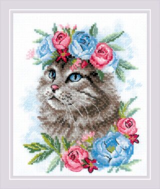 Cross-stitch design of a fluffy gray cat with blue eyes surrounded by pink and blue flowers.