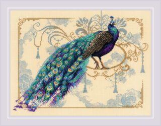 A richly colored peacock with a shimmering tail stands against an ornate golden and blue floral background in this elegant cross-stitch design.