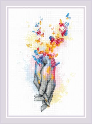 Cross-stitch design of two intertwined hands releasing colorful butterflies into the air.