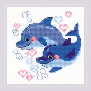 Two playful blue dolphins swim together surrounded by pink hearts and bubbles in this charming cross-stitch design.