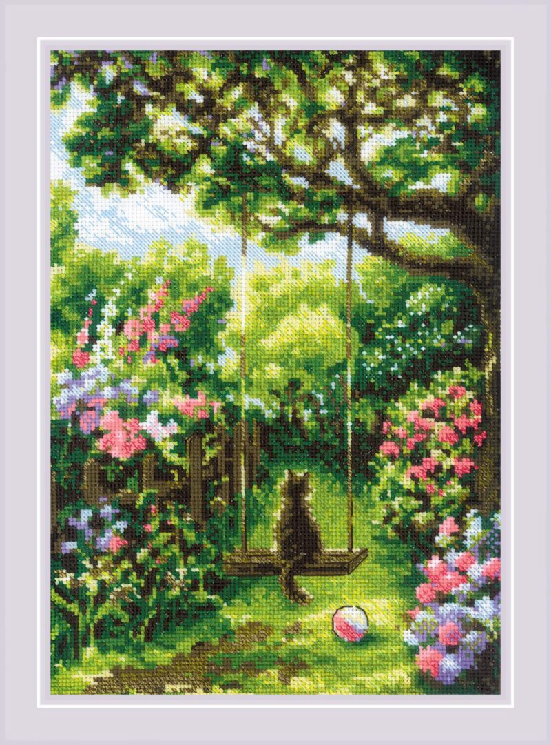 A cozy garden scene with a cat sitting on a swing surrounded by blooming flowers and lush greenery.