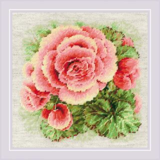 A cross-stitch design of blooming pink begonias with lush green leaves on a soft, textured background.