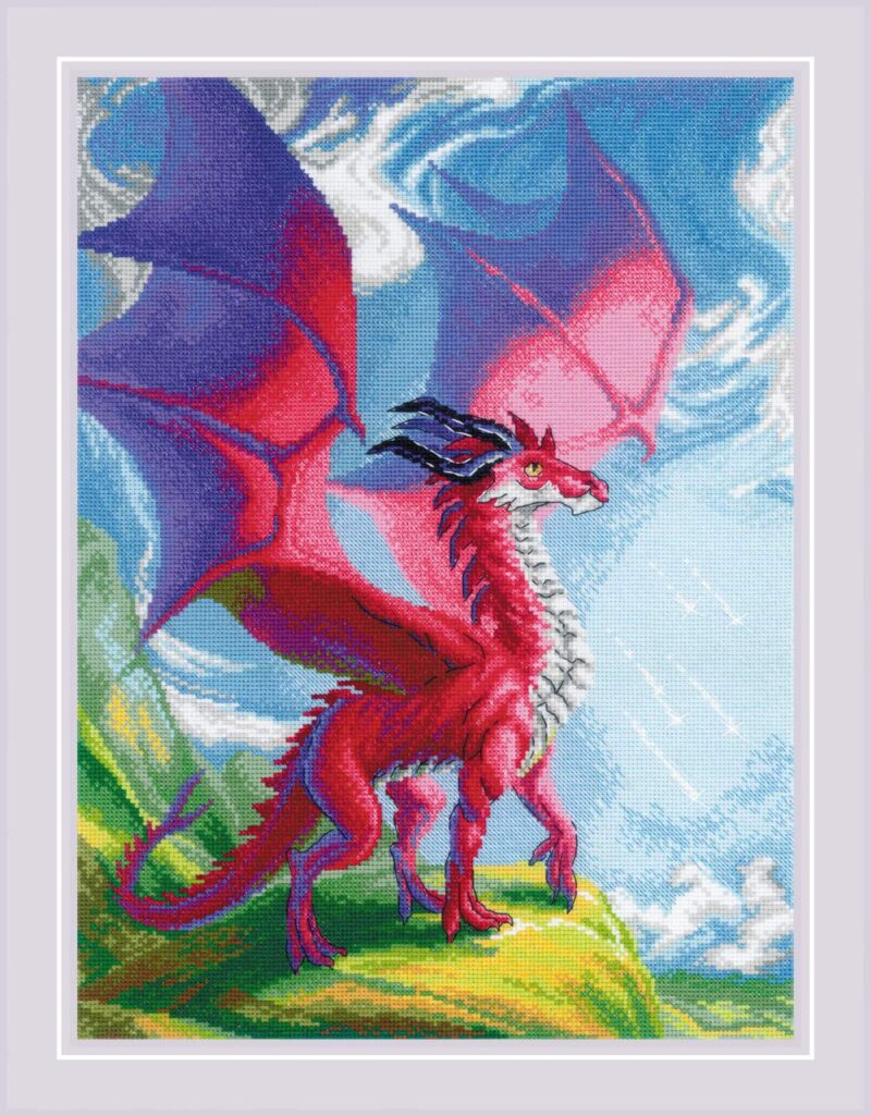 Cross-stitch design of a fierce red dragon with wide pink wings standing on a cliff under a bright blue sky with swirling clouds.