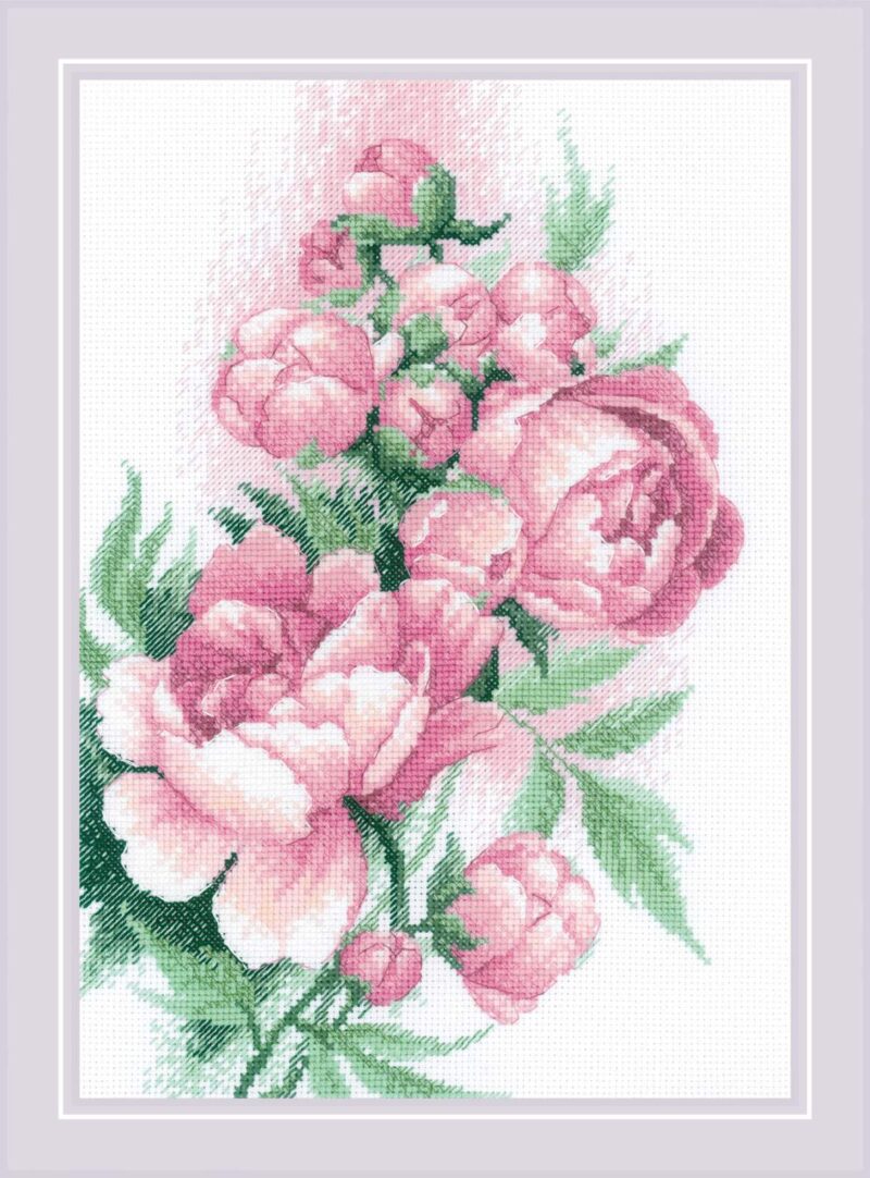 Cross-stitch design of a cascading bouquet of soft pink peonies with green leaves on a white background.