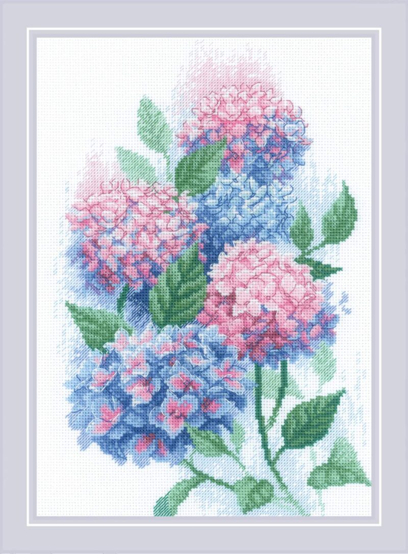 A cross-stitch design of pink and blue hydrangea blooms with lush green leaves, creating a soft and elegant floral arrangement.
