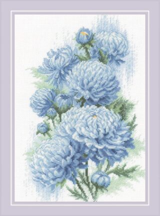 Cross-stitch design of a cascading bouquet of soft blue chrysanthemums with green leaves on a white background.