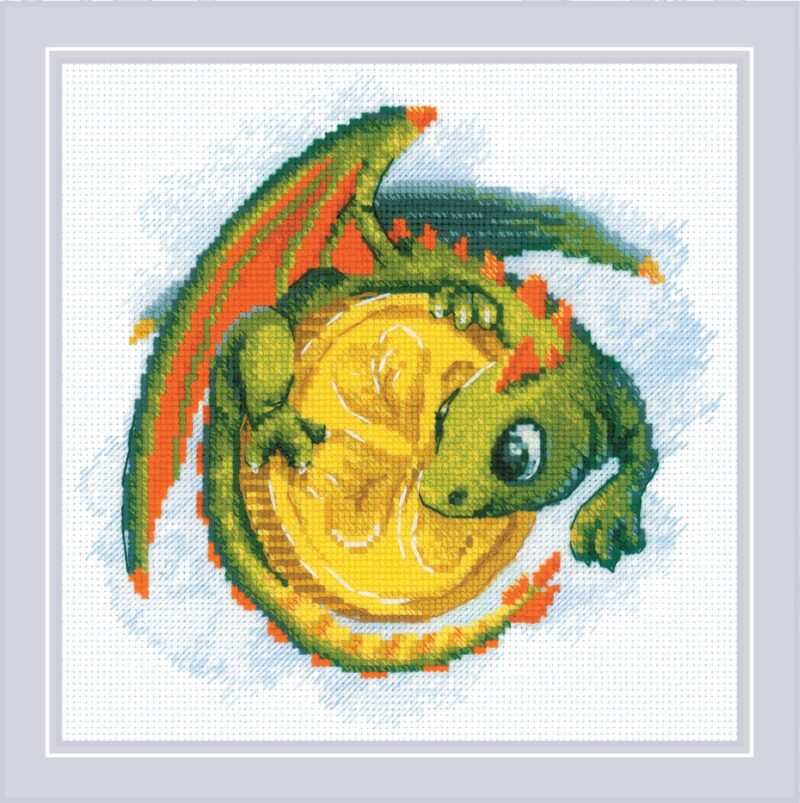Cross-stitch design of a cute green dragon clutching a large golden coin with orange accents and playful details.