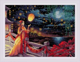 Cross-stitch design of a woman in a flowing gown releasing a lantern during a nighttime festival with glowing lanterns in the sky and moonlit scenery.