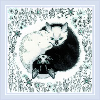 Cross-stitch design of two cats curled in a yin-yang shape, one white and one black, surrounded by floral line art.