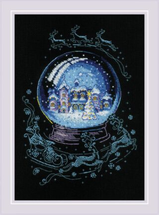 Cross-stitch design of a glowing snow globe with a snowy town, Christmas tree, and Santa’s sleigh flying above on a black background.