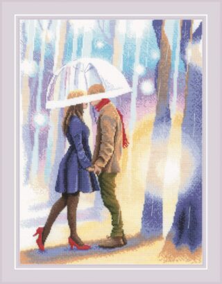 Cross-stitch design of a romantic couple standing under an umbrella in a softly lit forest, holding hands on a rainy day.