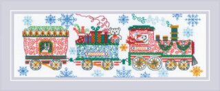 Festive cross-stitch design of a colorful holiday train carrying gifts and toys, surrounded by snowflakes.