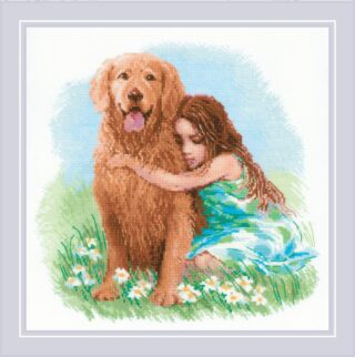 Cross-stitch design of a young girl hugging a golden retriever while sitting on grass with white daisies.
