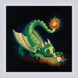 Cross-stitch design of a playful green dragon watching a glowing firefly on a dark background.