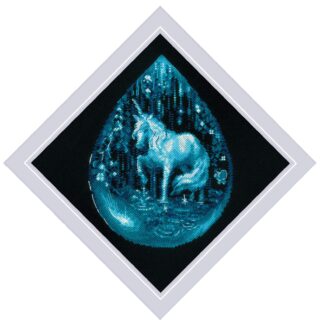 A glowing white unicorn sits inside a teardrop-shaped magical forest illuminated in shades of blue and silver on a black background.