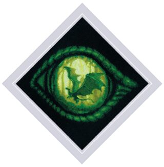 Close-up of a green dragon’s eye with a dragon silhouette in its glowing pupil, stitched on black fabric.