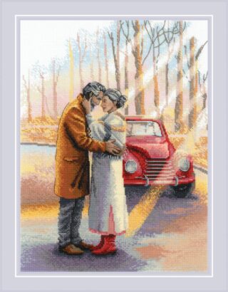 Cross-stitch design of an elderly couple sharing a tender moment in front of a red vintage car on a quiet autumn road.