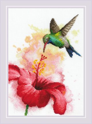 Cross-stitch design of a vibrant green hummingbird hovering near a large red hibiscus flower on a watercolor-style background.