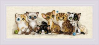 Cross-stitch design featuring six playful kittens sitting together with colorful yarn balls on a soft beige background.
