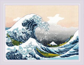 A cross-stitch design inspired by Hokusai’s “The Great Wave off Kanagawa,” featuring dramatic waves, boats, and Mount Fuji in the distance.