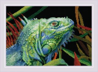 Cross-stitch design featuring a detailed green iguana with vibrant scales and a striking orange eye set against a dark tropical background.