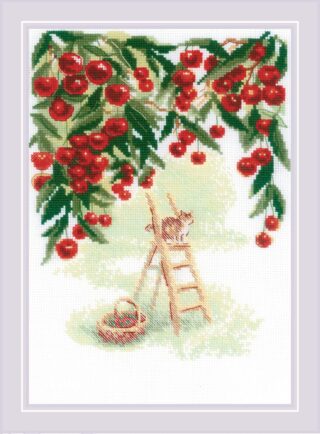 A cross-stitch design of ripe red cherries hanging from leafy branches with a cat perched on a ladder and a basket of cherries below.