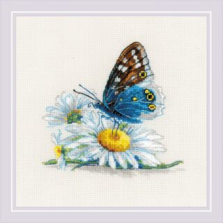 A cross-stitch design of a blue and brown butterfly resting on white daisies with yellow centers against a light fabric background.