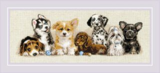 Cross-stitch design featuring seven different puppies sitting in a row, including husky, corgi, dalmatian, dachshund, beagle, shih tzu, and french bulldog.