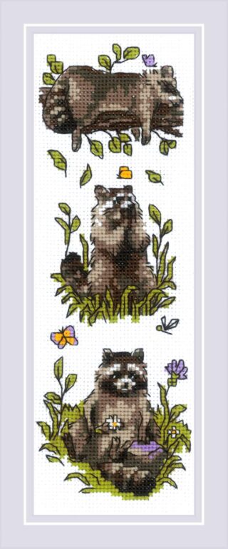 Cross-stitch design showing three playful raccoons in different poses surrounded by greenery, butterflies, and wildflowers.