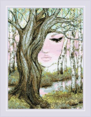 Cross-stitch design depicting a serene forest scene with birch trees and a mystical tree trunk that forms a woman’s face, symbolizing nature’s awakening.