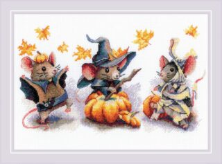 Cross-stitch design of three dressed-up mice for Halloween—one as a bat with a pumpkin hat, one as a witch on a pumpkin, and one as a mummy, surrounded by falling leaves.