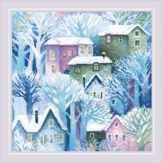 A winter village scene with colorful houses surrounded by snow-covered trees in soft pastel tones.