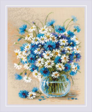 A cross-stitch design of a glass vase filled with white daisies and bright blue cornflowers set against a soft beige background.