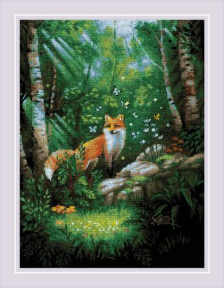 A cross-stitch design of a fox standing on a rock surrounded by lush green forest, wildflowers, and fluttering butterflies in soft sunlight.